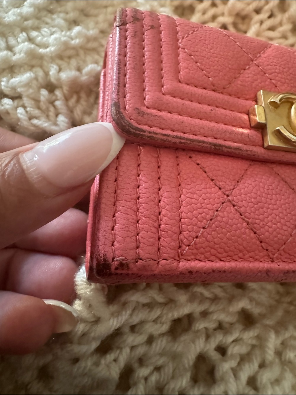 Authentic Chanel Boy Pink Caviar Leather Trifold Wallet Aged Gold Hardware - Picture 6 of 16